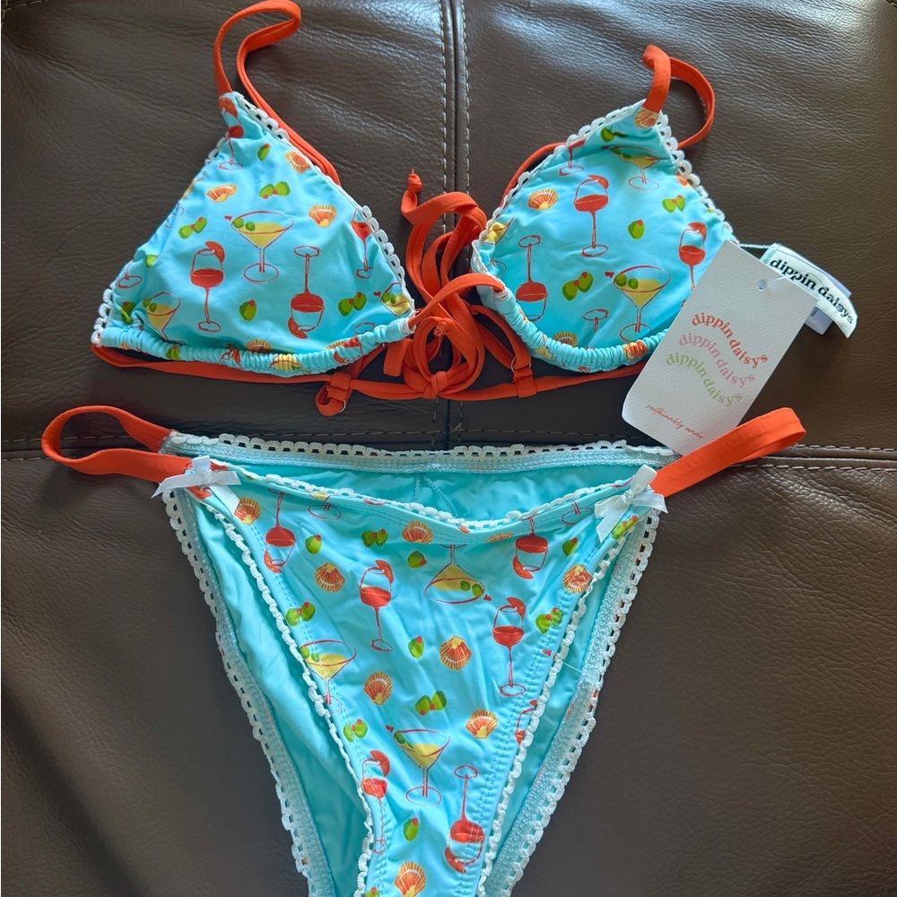 Dippin' Daisy's Aqua Cocktail Print Bikini with Orange Accents NWT (M)